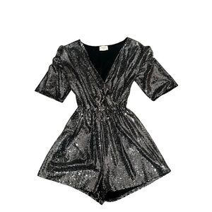 Everly Women's Sparkly Sequin Surplice Short Romper Black Silver Small